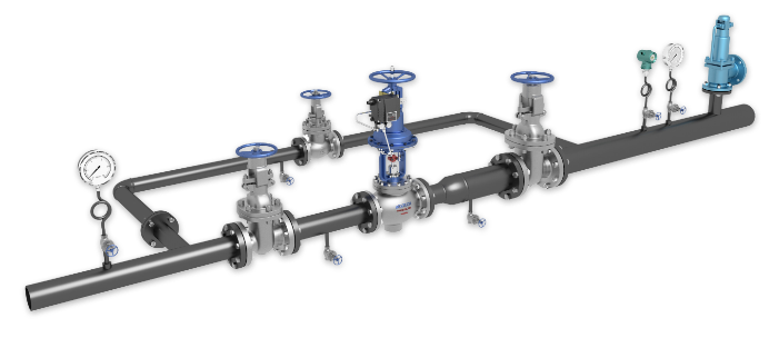 Steam pressure reducing station skid with PRV and safety valve